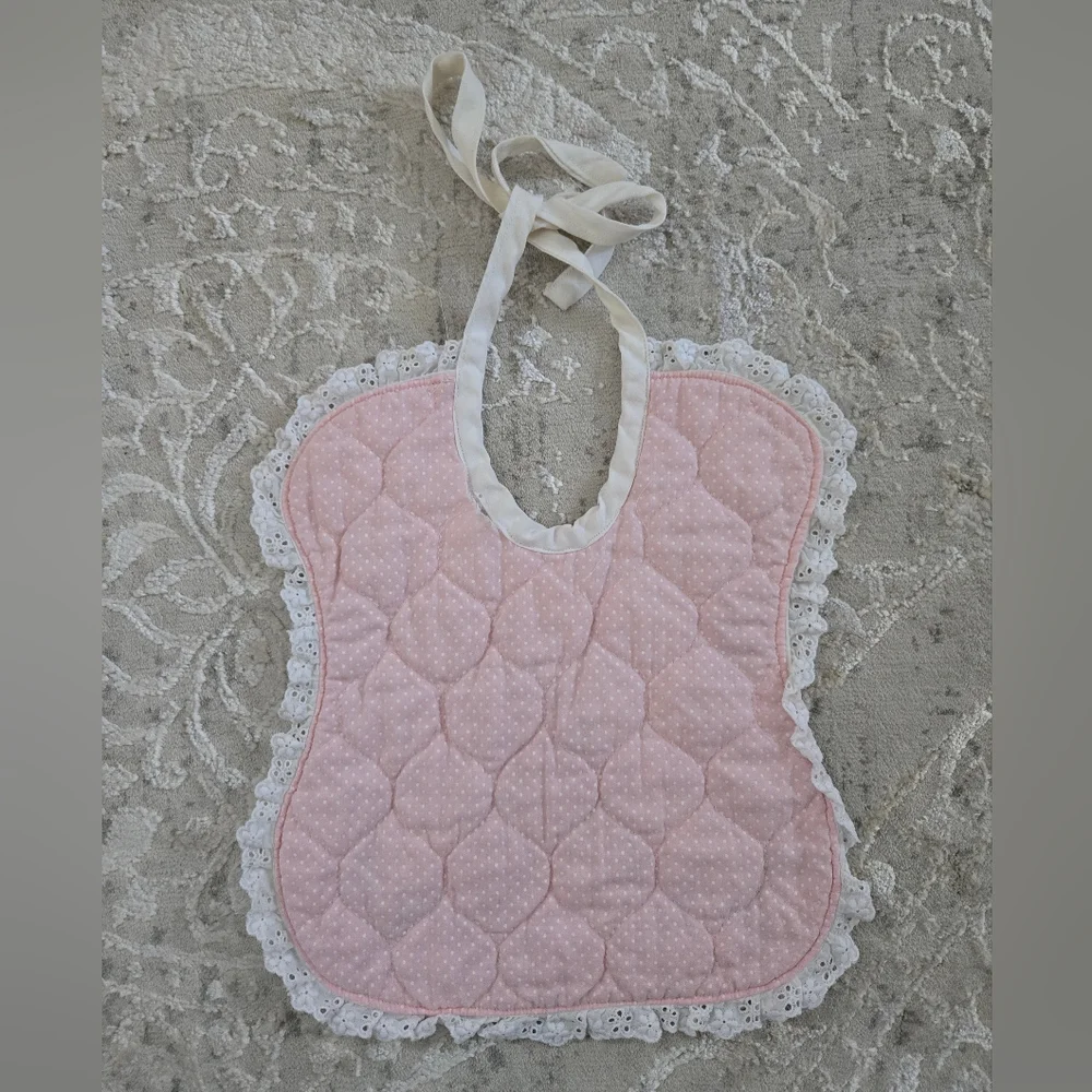 Vintage 1980s-1990s Embroidered Baby Lamb Bib Lace Trim